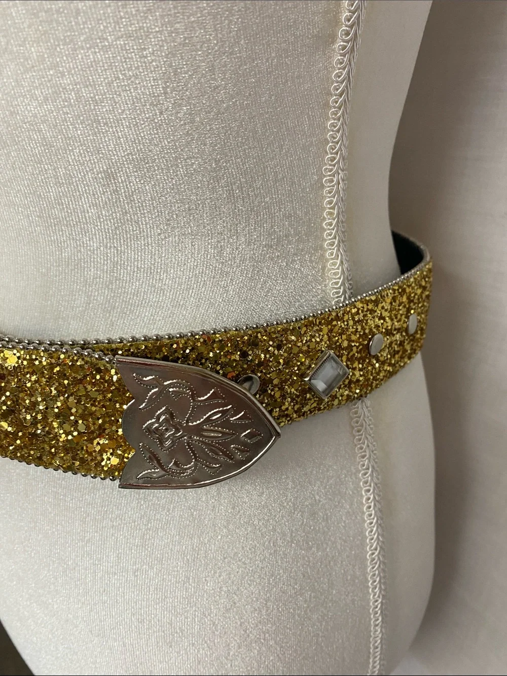 Gold Glitter Western-Style Belt with Ornate Silver Buckle